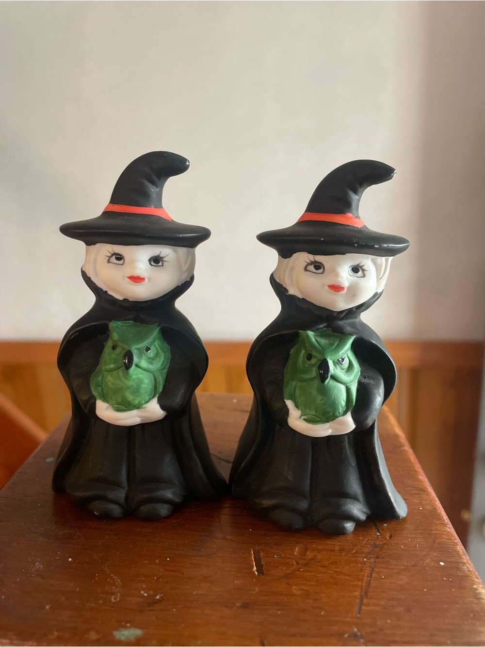 Vintage Witch Figurine Pair with Green Owl - Decorative Halloween Home Accent